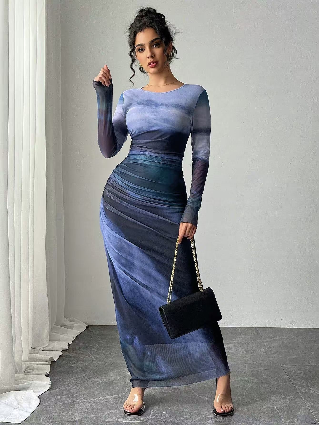 Natalia | Vestido Maxi Bodycon de Manga Larga Impreso y Cómodo