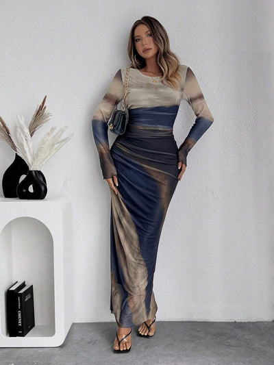 Natalia | Vestido Maxi Bodycon de Manga Larga Impreso y Cómodo